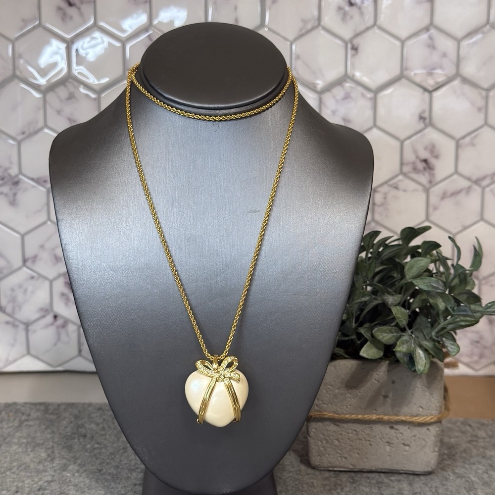 Vintage Joan Rivers Cream Puffy Captured Heart Necklace Gold Bow w/Crystals 28"